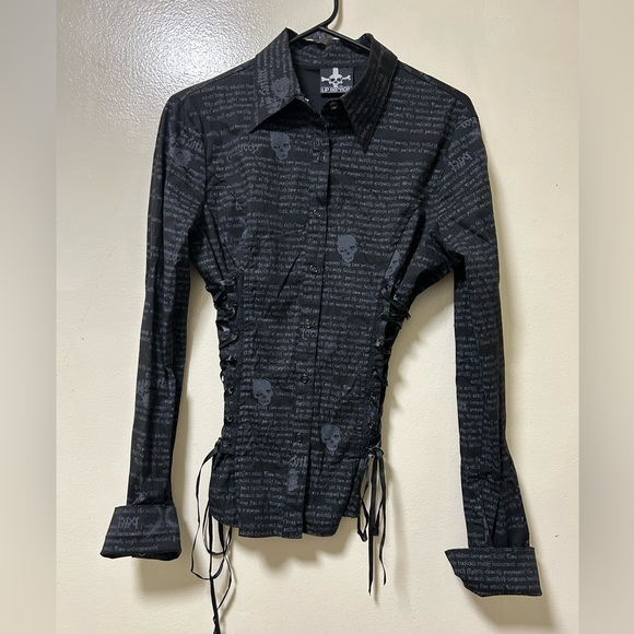 Lip Service Tops - Vintage Y2K Lip Service Script/Skull Print Lace Up Button Down Shirt